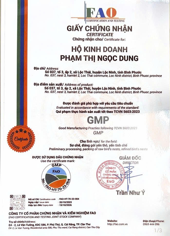 Giấy chứng nhận GMP đạt chuẩn yến sào của Yến Sào Ngọc Dung